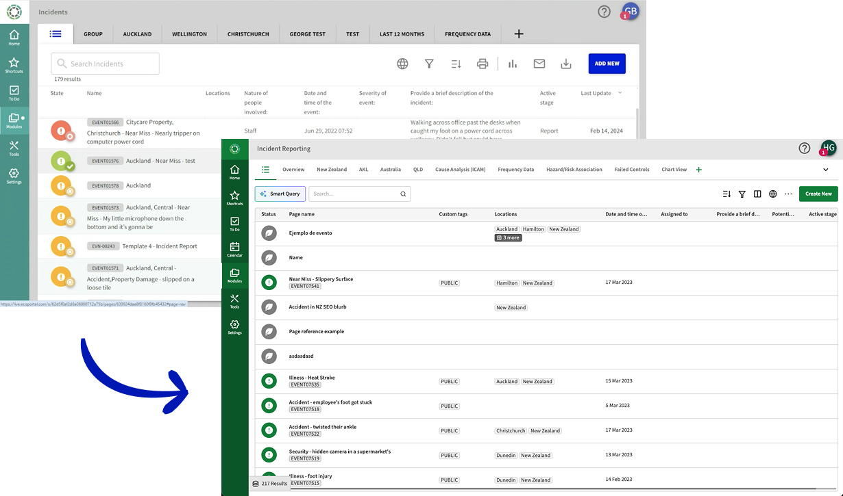ecoPortal — before and after comparison of the Register Tables view