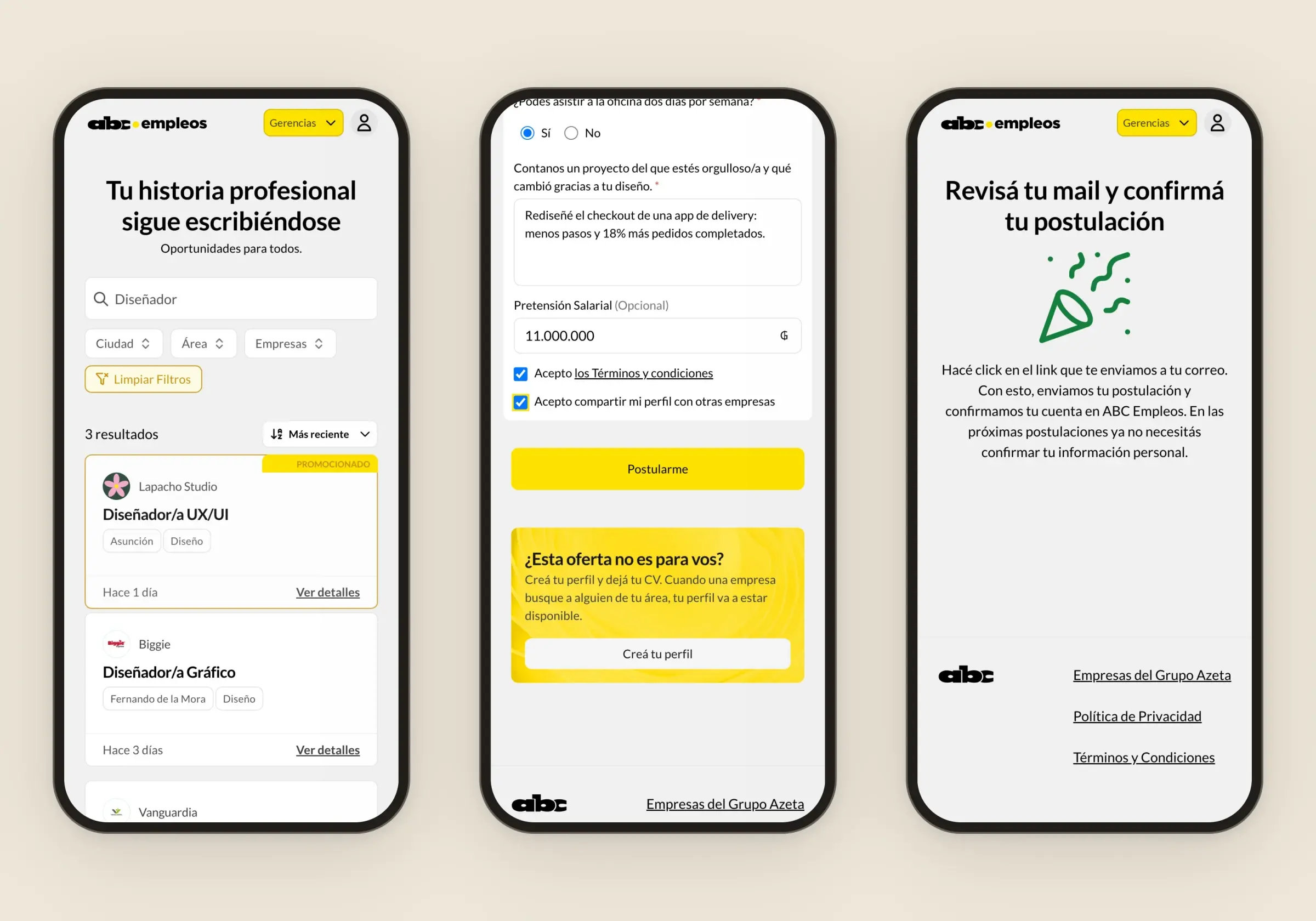 ABC Empleos on mobile — search results, the application's questions, and the confirmation screen