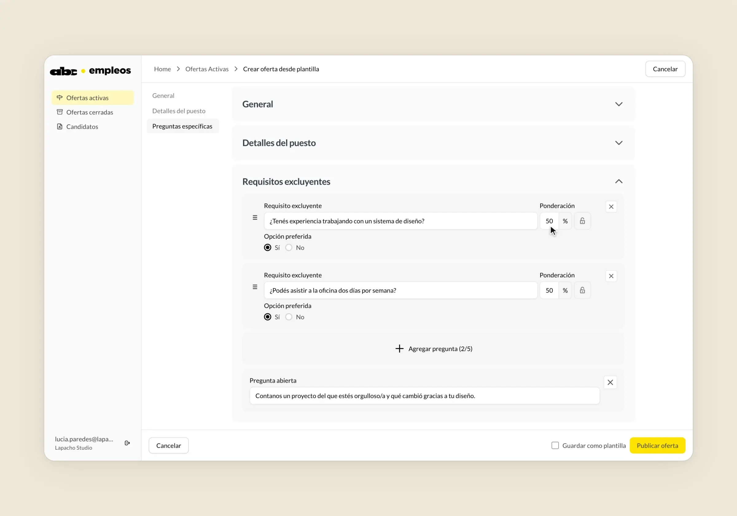 ABC Empleos recruiter platform — setting an offer's knockout questions and how much each one weighs in the candidate's score
