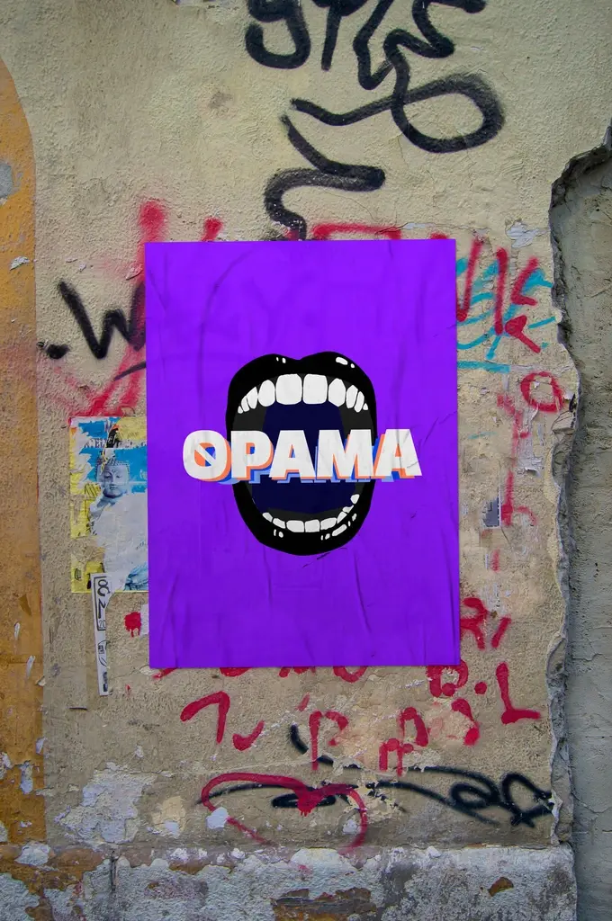 OPAMA — poster with an open-mouth logo on a street wall