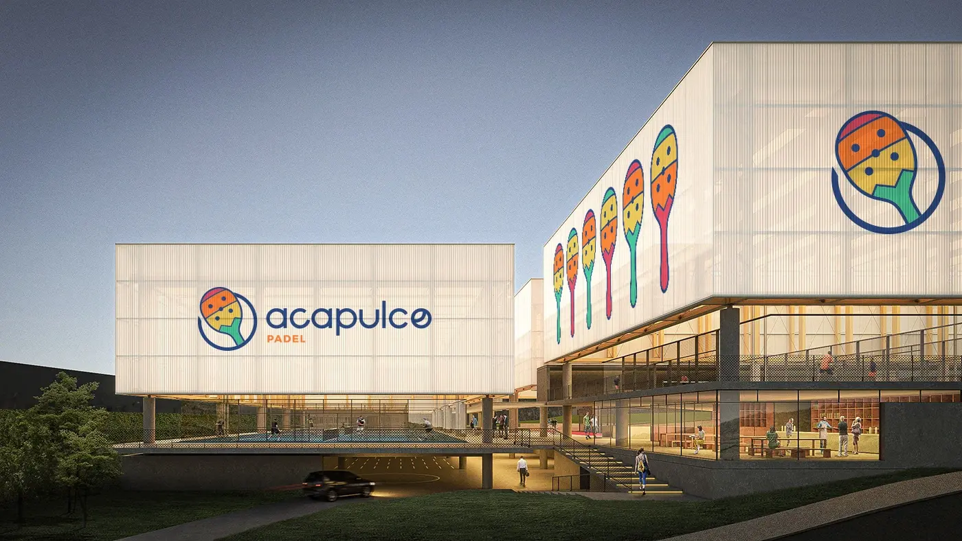 Acapulco Pádel — logo and racket marks on a club building