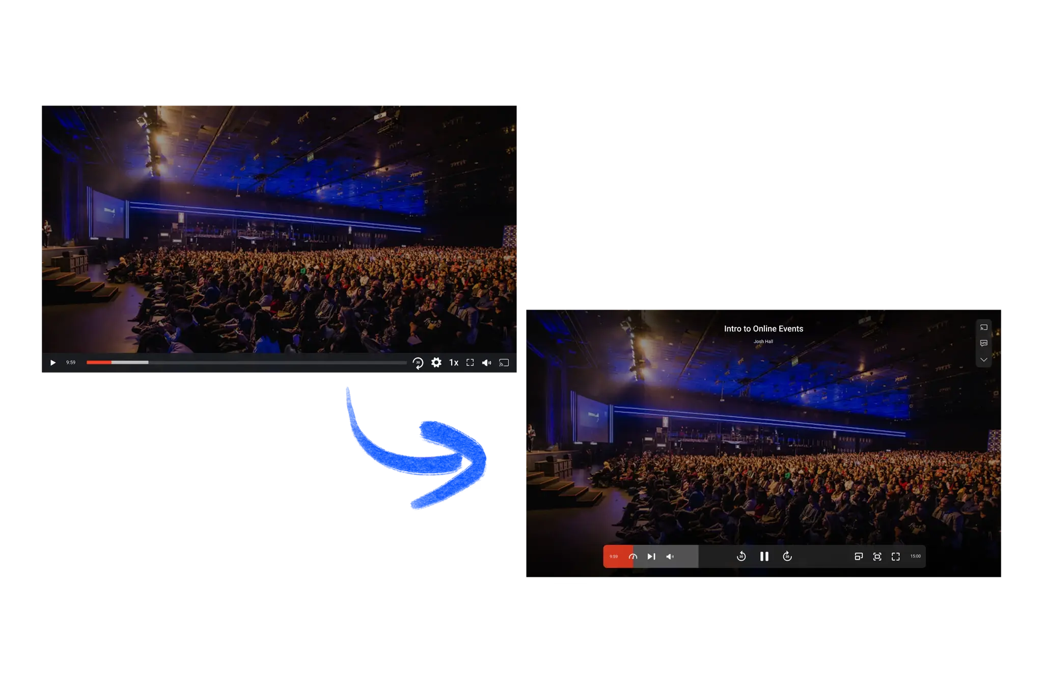 Sardius Media video player — the old controls next to the redesigned ones