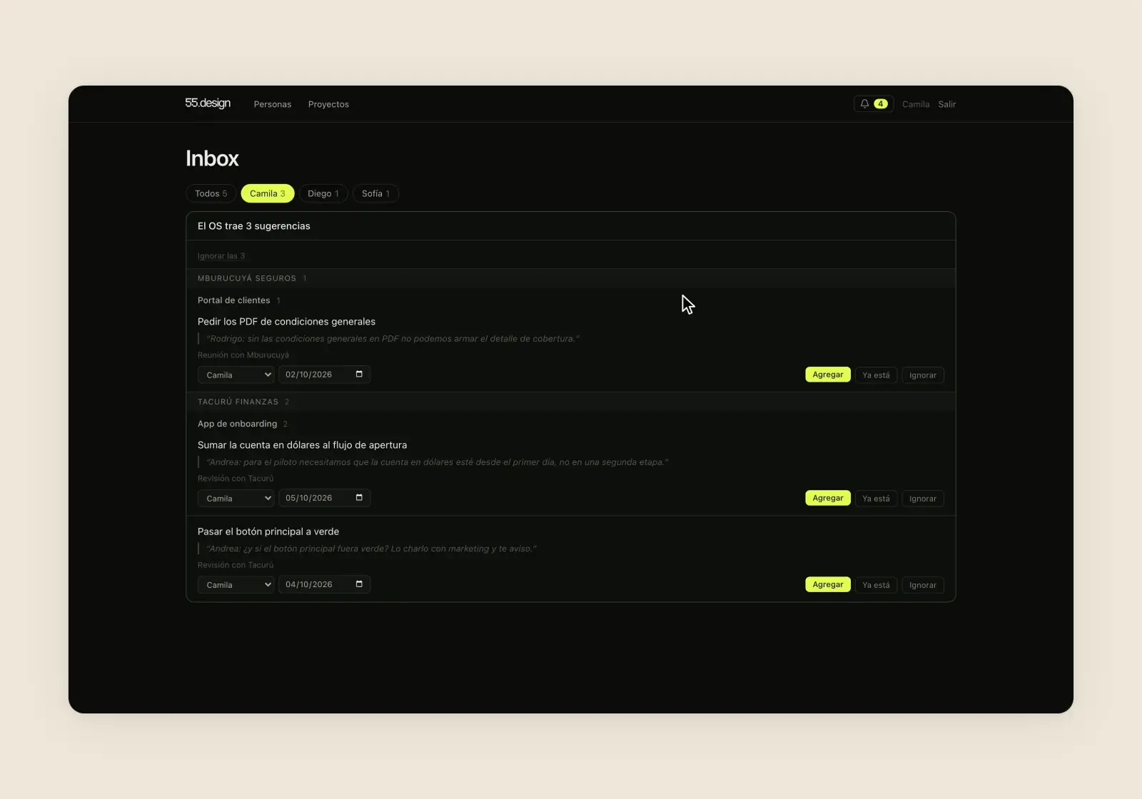 55 Tareas inbox — suggestions from the meeting ingest waiting to be accepted or ignored, one at a time