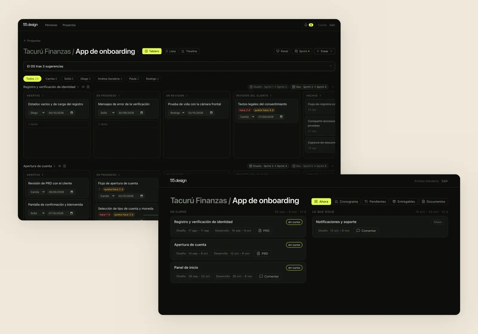 The same project twice — the team's board with every task, and the client panel showing only the epics in progress and what comes next