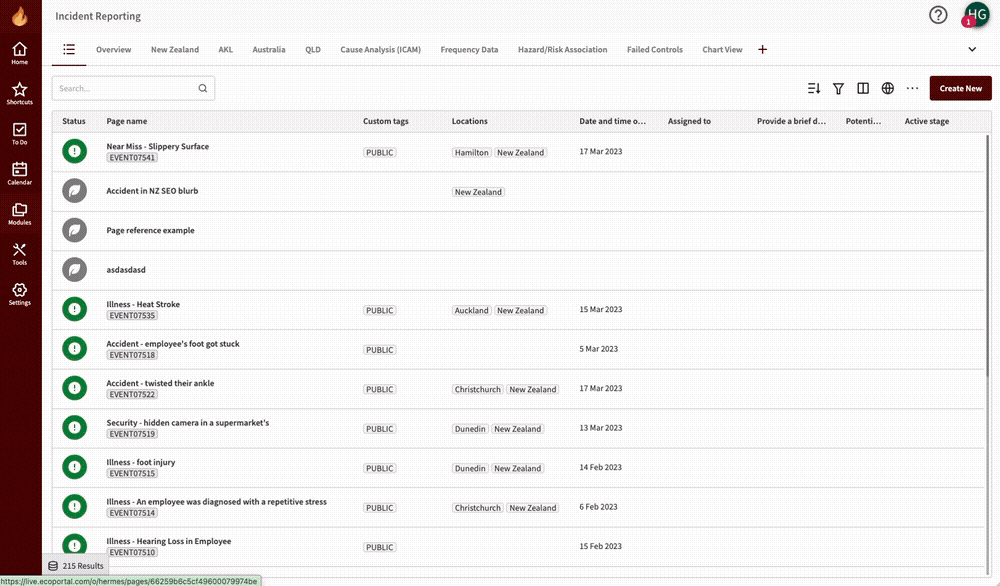 ecoPortal Register Tables — redesigned incident reporting view
